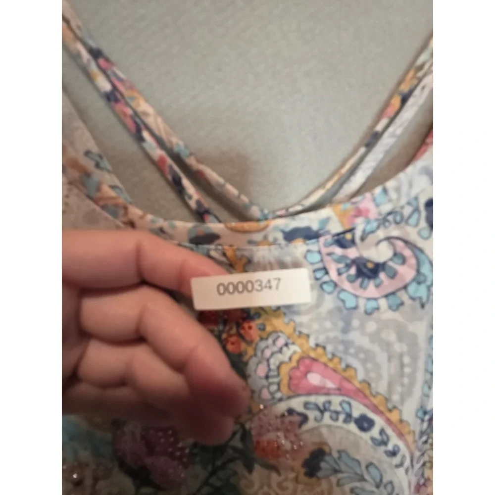 Catherines Womens 1X Mixed Floral Paisley Rhinestone Strappy Neck Tunic Top Pink - Picture 9 of 12